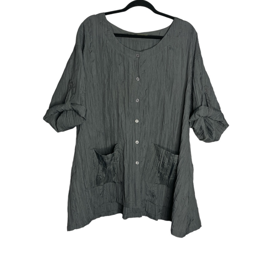 Tara Vao Crinkle Short Sleeve Button Up Lagenlook Blouse, size 1X